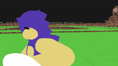 a cartoon of sonic the hedgehog standing in a field with a crowd in the background