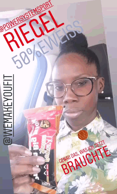 a woman with glasses is holding a bag of riegel 50 % eweiss