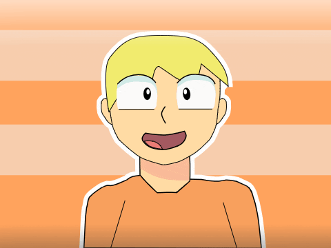 a cartoon drawing of a boy with yellow hair and an orange shirt
