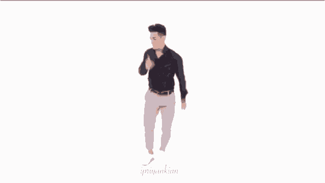 a man in a black shirt and grey pants is dancing in front of a white background