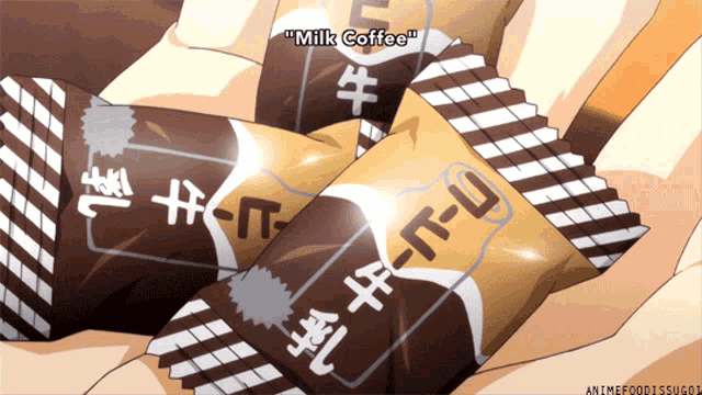 a bunch of candy wrappers that say milk coffee on them