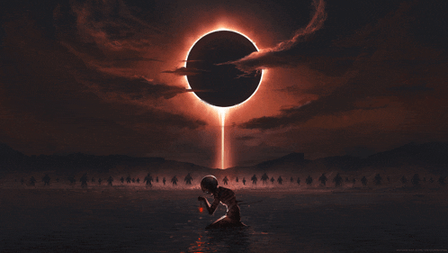 a painting of a person kneeling in front of a huge eclipse