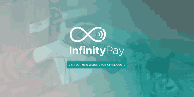 an ad for infinity pay shows a person using a credit card machine