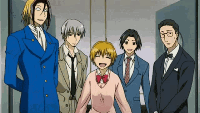 a group of anime characters in suits and ties are standing next to each other in a room .