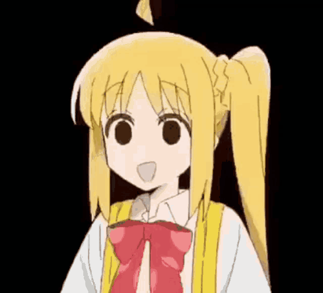 a cartoon girl with blonde hair and black eyes is wearing a yellow jacket and a red bow tie .