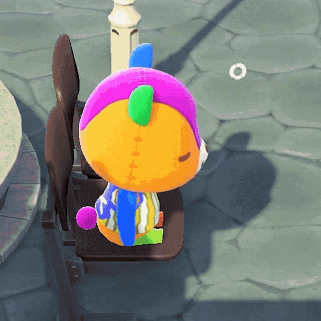 a stuffed animal is sitting on a chair with a circle in the background