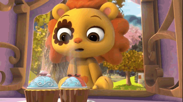 a cartoon lion with a flower painted on its face sits next to cupcakes