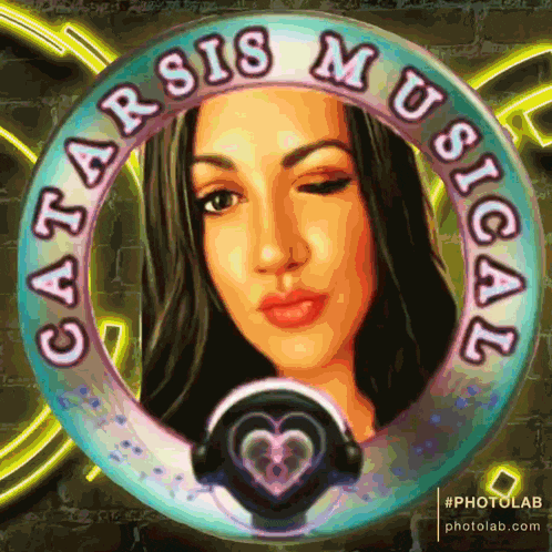 a picture of a woman with headphones in a circle that says catarsis musical