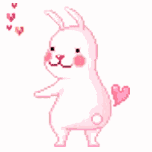a pixel art of a pink bunny rabbit with hearts on its tail .