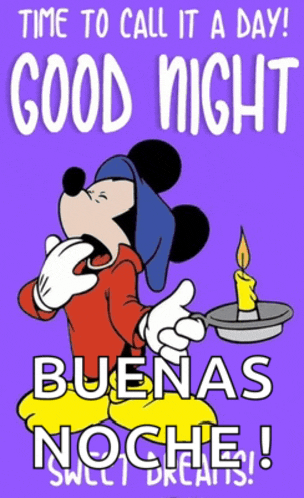a cartoon of mickey mouse with a candle and the words " time to call it a day good night "