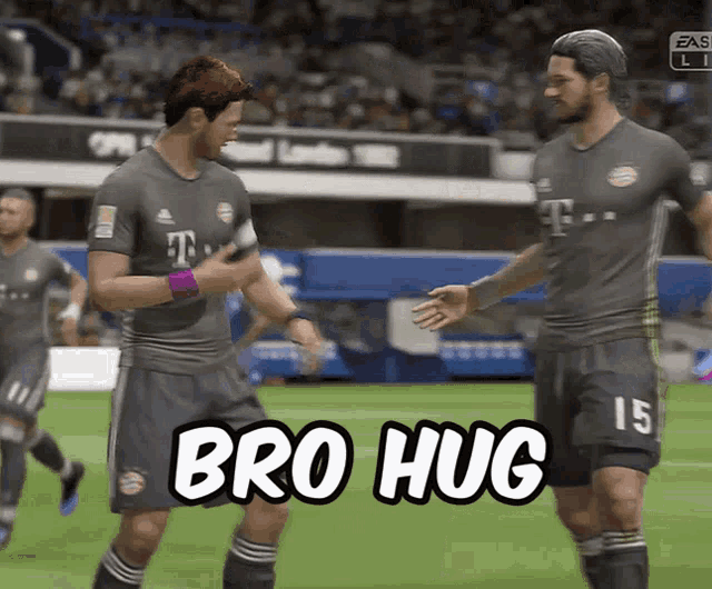 two soccer players on a field with bro hug written in white letters
