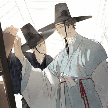 a drawing of two men wearing hats and kimonos standing next to each other