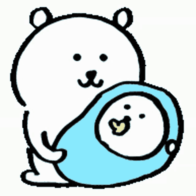 a cartoon bear holding a baby in a blue blanket