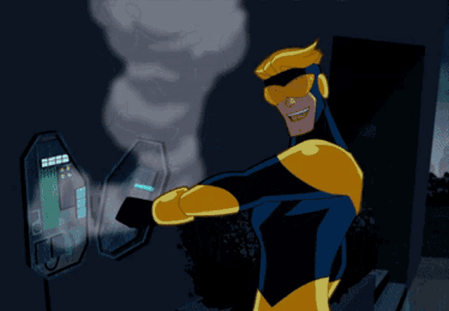 a cartoon of a man in a blue and yellow costume