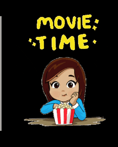 a girl is sitting at a table with a bucket of popcorn and the words " movie time " above her