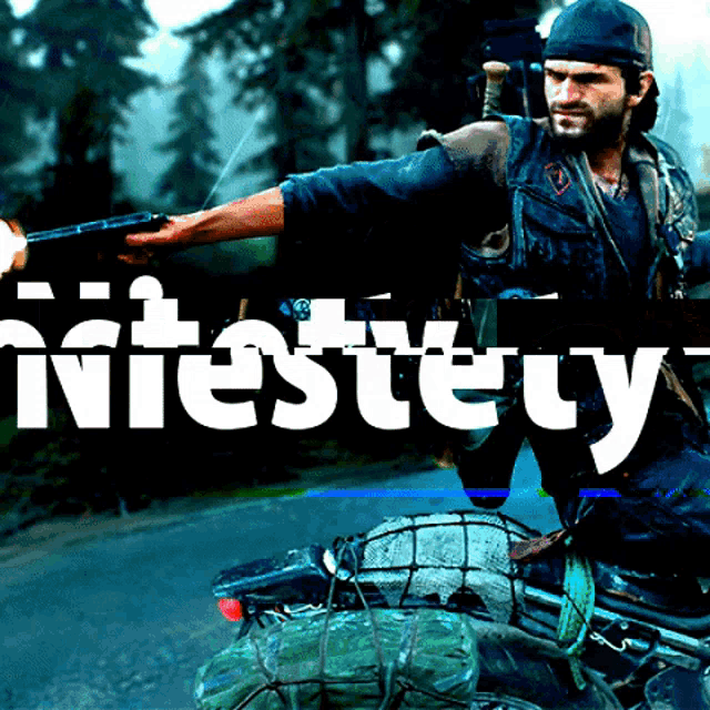 a man is riding a motorcycle and holding a gun in front of a sign that says niesteuy
