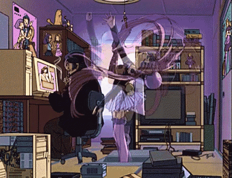 a cartoon of a man sitting in front of a computer and a woman dancing