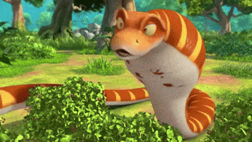a cartoon snake with orange stripes is standing in the grass