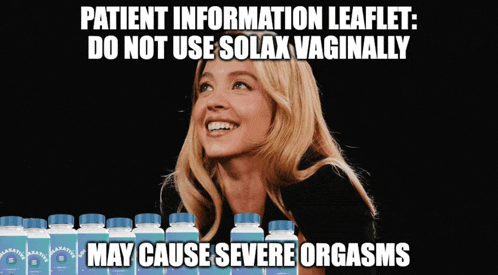 a woman is smiling in front of a row of blue bottles with the words patient information leaflet