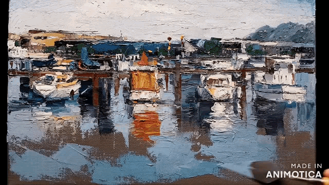 a painting of boats in a harbor is made in animotica