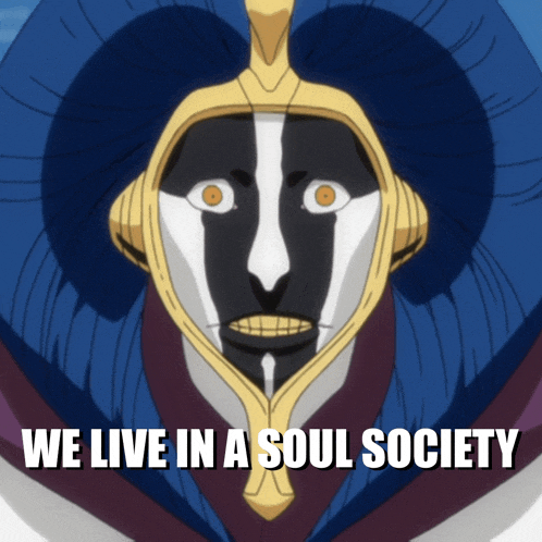 a picture of a mask with the words we live in a soul society