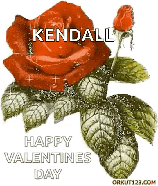 a red rose with green leaves and the words kendall happy valentines day