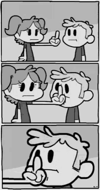 a black and white cartoon of a boy and a girl talking to each other