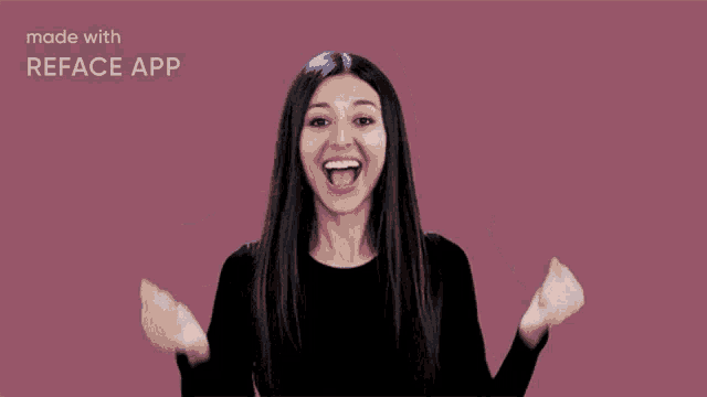 a woman with her arms in the air and the words made with reface app above her