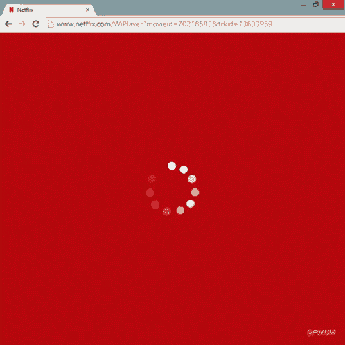 a red screen with a loading circle on it and the url www.netflix.com