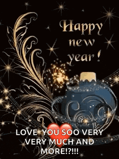 a happy new year greeting card with a feather and a bottle of sparklers