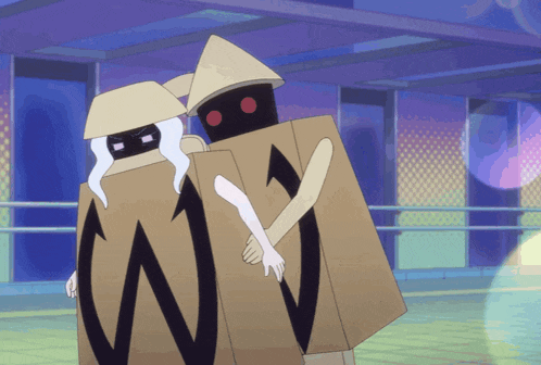 two cartoon characters are standing next to each other and one has the letter w on his chest