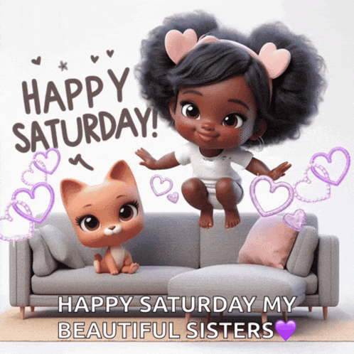 a happy saturday message with a doll and cat on a couch