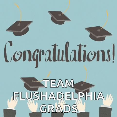 congratulations team flushadelphia grads with graduates throwing their caps in the air