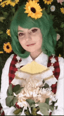 a woman with green hair and a sunflower in her hair is holding a bouquet of flowers .