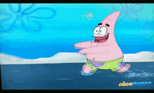 patrick star from spongebob squarepants is running in the water on a television screen .
