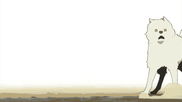 a cartoon drawing of a white dog with yellow eyes