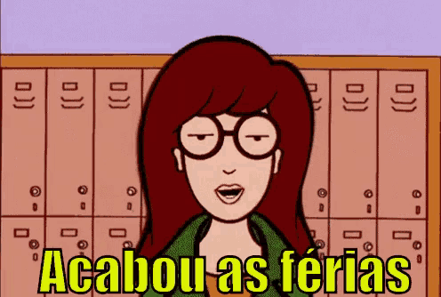 a cartoon of a girl with glasses says " acabou as ferias " in front of lockers