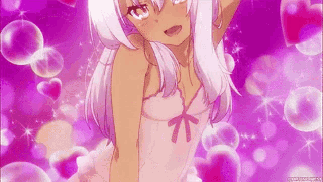 a girl with white hair is standing in front of a pink background with hearts .