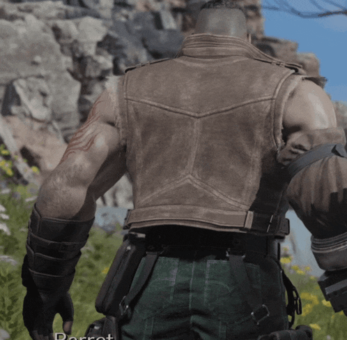 a man in a leather vest is standing in a field with the word parrot on the bottom right