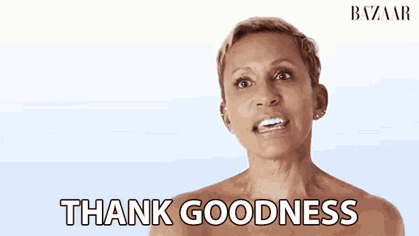 a naked woman says thank goodness in front of a white background