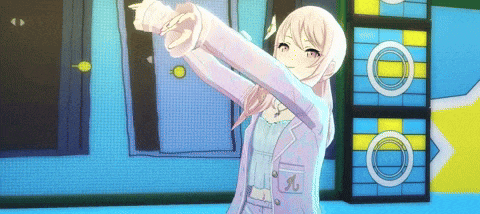 a cartoon girl is standing in front of a stained glass window and making a funny face .