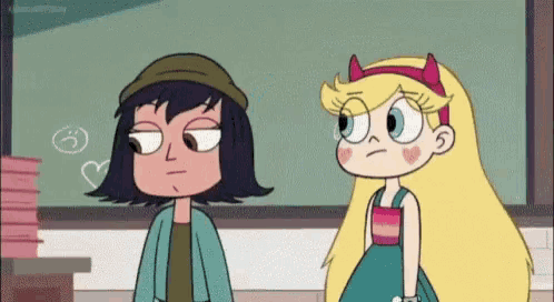 a couple of cartoon characters standing next to each other in front of a chalkboard .