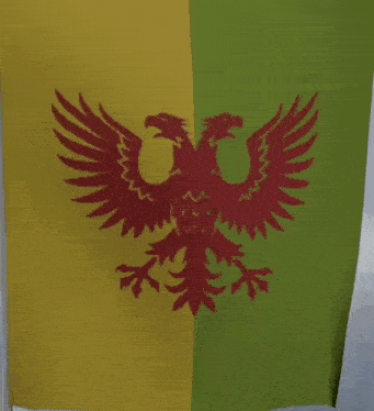 a yellow green and red flag with a red eagle on it