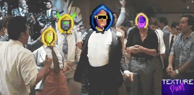 a man in a tuxedo is dancing in front of a group of people with texture punk written on the bottom right