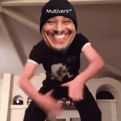 a man wearing a black beanie with the word multivers on it