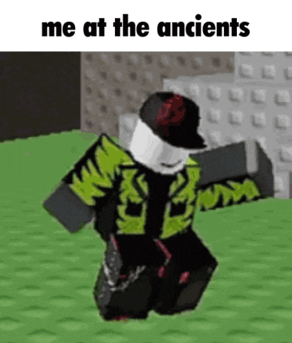 a roblox character is kneeling down in the grass with the words `` me at the ancients '' written above him .