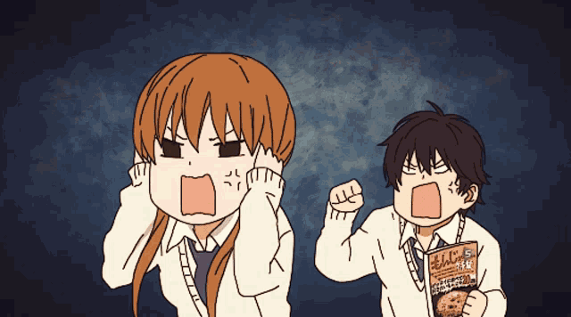a boy and a girl are standing next to each other and one of them is holding a box of cereal with chinese writing on it