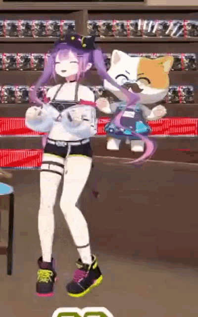 a girl in a bikini is dancing next to a stuffed animal in a video game .