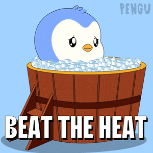 a penguin is sitting in a wooden tub with ice and the words beat the heat
