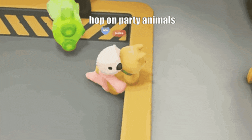 two stuffed animals are playing a video game called hop on party animals ..